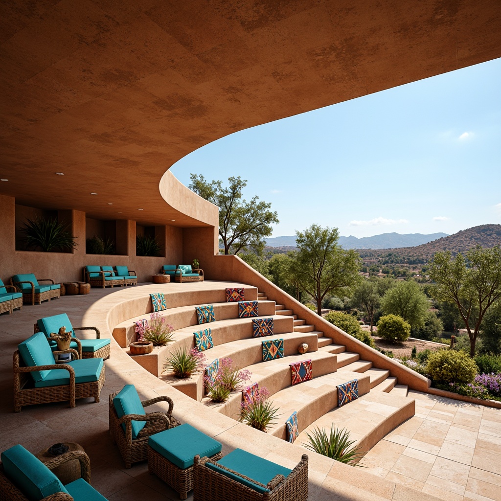 Prompt: Southwestern amphitheater, tiered seating, curved rows, vibrant turquoise accents, rustic wooden benches, woven wicker chairs, colorful Aztec patterns, geometric motifs, natural stone flooring, desert landscape views, clear blue sky, warm sunny day, soft gentle lighting, 1/2 composition, shallow depth of field, realistic textures, ambient occlusion.