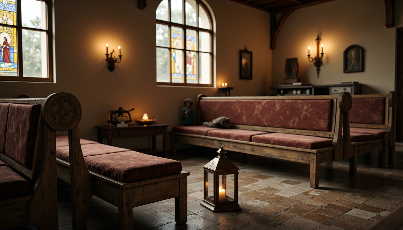 Prompt: Distressed wooden pews, vintage metal lanterns, soft candlelight, worn stone floors, rustic wooden benches, ornate stained glass windows, faded velvet cushions, antique religious artifacts, distressed leather-bound bibles, muted earthy tones, warm beige walls, soft golden lighting, subtle texture overlays, 1/2 composition, intimate close-ups, realistic fabric simulations.