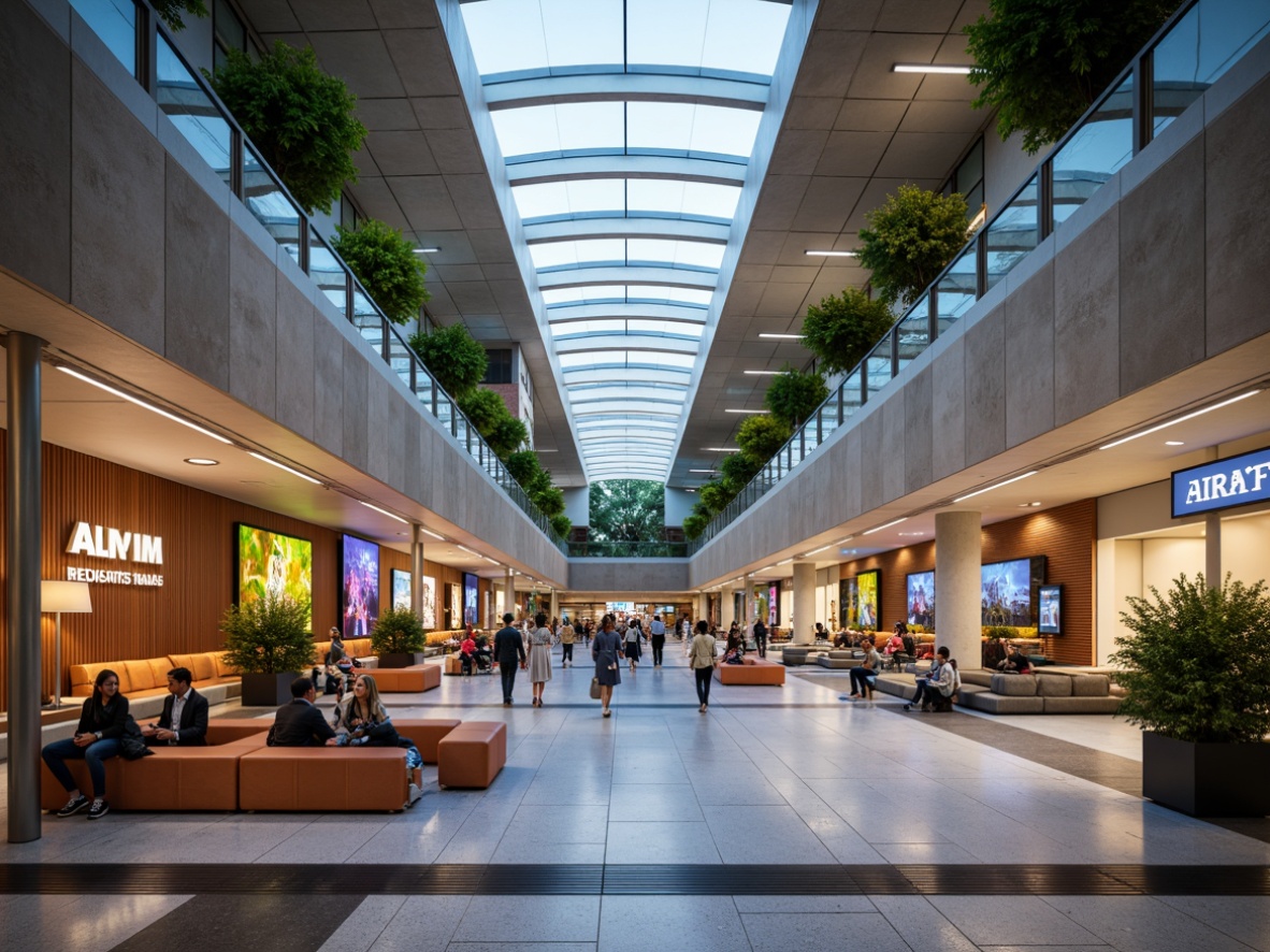 Prompt: Airy airport terminal, modern curved lines, natural stone walls, textured concrete finishes, metallic accents, sleek glass railings, minimalist seating areas, vibrant colorful signage, dynamic LED lighting, shallow depth of field, 1/2 composition, soft warm atmosphere, bustling passenger traffic, realistic reflections, ambient occlusion.