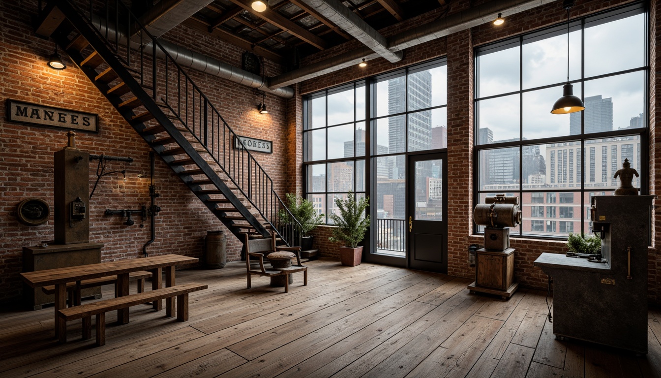 Prompt: Rustic industrial warehouse, exposed brick walls, metal beams, distressed wooden floors, vintage factory equipment, antique machinery, reclaimed wood accents, urban cityscape, cloudy grey sky, soft warm lighting, shallow depth of field, 3/4 composition, realistic textures, ambient occlusion, industrial-style lamps, metal staircases, concrete columns, functional pipes, authentic worn edges, rugged metallic surfaces.