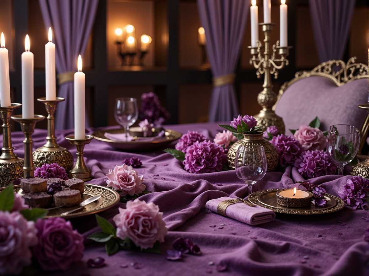 Prompt: Rich amethyst gemstones, luxurious velvet fabrics, deep plum hues, lavender accents, soft blush tones, creamy whites, metallic gold details, ornate Baroque patterns, intricate filigree designs, opulent drapery, lavish furnishings, regal atmosphere, warm candlelight, dramatic shadows, 1/2 composition, shallow depth of field, warm golden lighting.