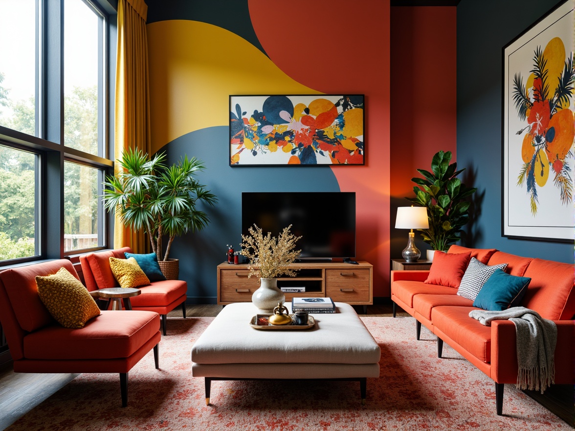 Prompt: Vibrant living room, bold color accents, bright furniture upholstery, statement walls, eclectic decor, mixed patterns, textured rugs, sleek coffee table, modern lamps, abstract artwork, natural light pouring in, shallow depth of field, 1/1 composition, warm and inviting atmosphere, cozy throw pillows, lush greenery, floor-to-ceiling windows.