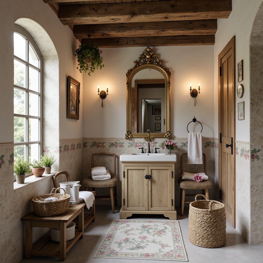 Prompt: Rustic powder room, distressed wood accents, soft pastel colors, ornate gold mirrors, delicate floral patterns, toile de Jouy fabrics, vintage decorative accessories, distressed stone walls, warm candle lighting, soft focus photography, shallow depth of field, 1/2 composition, elegant archways, natural linen drapes, woven baskets, antique furniture pieces, distressed metal fixtures, subtle texture overlays.