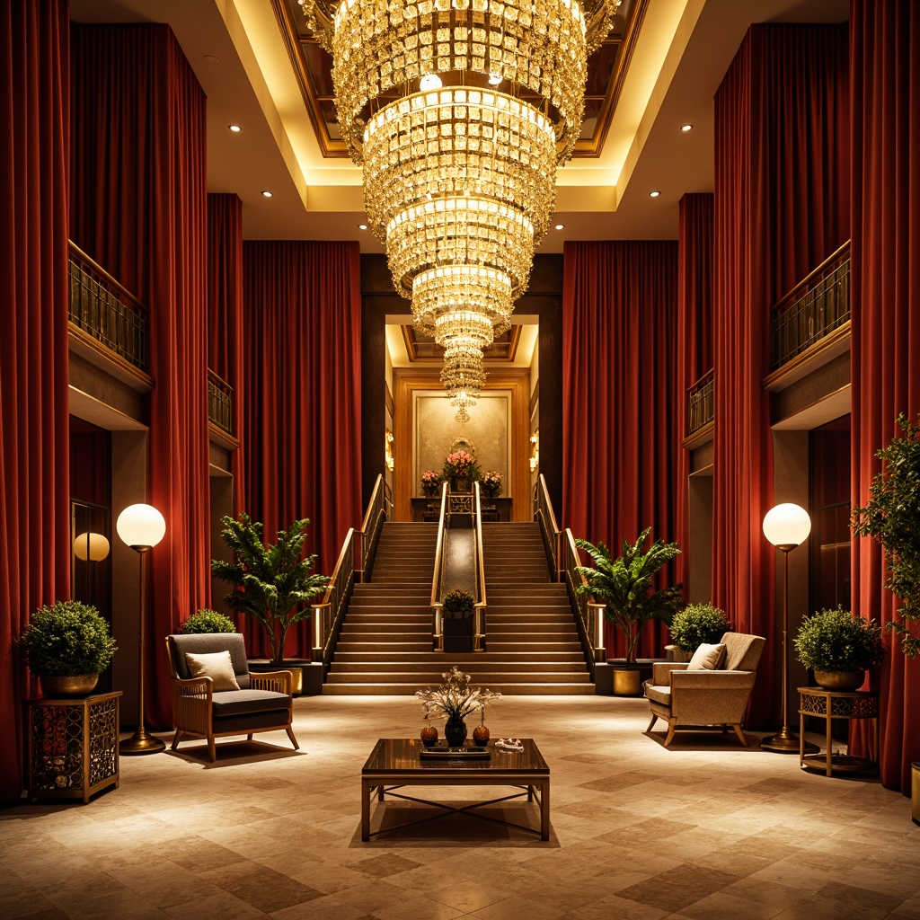 Prompt: Luxurious Art Deco lobby, ornate chandeliers, warm golden lighting, rich velvet drapes, polished marble floors, metallic accents, opulent furnishings, grand staircase, lavish decorations, sophisticated ambiance, dramatic spotlights, soft diffused illumination, 1/1 composition, shallow depth of field, cinematic lighting, nostalgic glamour, geometric patterns, metallic materials, vintage fixtures.