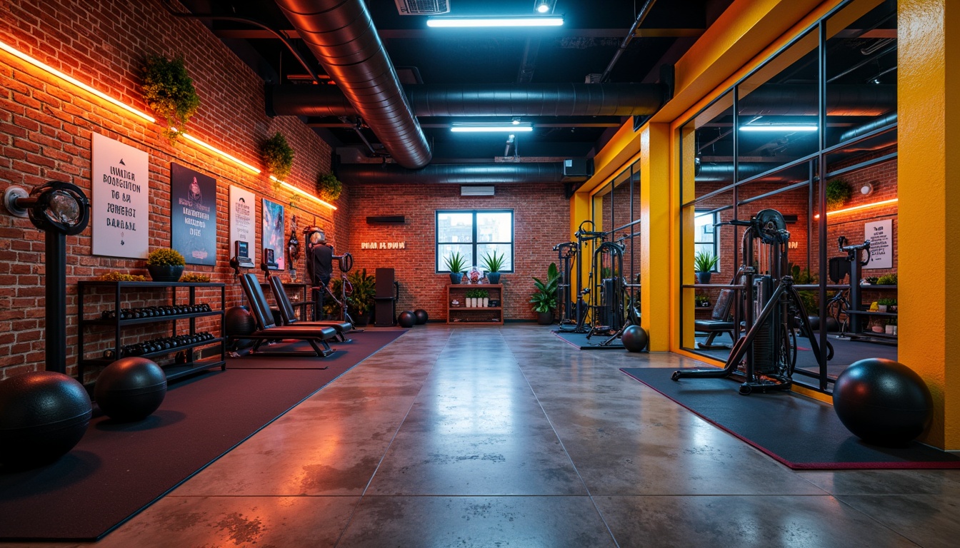 Prompt: Vibrant home gym, bold industrial style, exposed brick walls, polished concrete floors, sleek metal equipment, bright neon accents, energizing color scheme, dynamic orange tones, invigorating yellow hues, calming blue shades, refreshing green notes, high-contrast lighting, dramatic shadows, intense workout atmosphere, motivational quotes, athletic-inspired graphics, modern minimalist decor, functional storage solutions, mirrored walls, rubber flooring, stimulating textures, 1/1 composition, high-key lighting, cinematic depth of field.