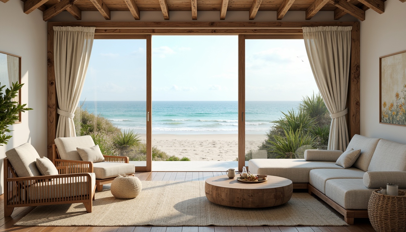 Prompt: Soothing coastal atmosphere, calming ocean views, weathered wood accents, driftwood furniture, sea-salt air, misty mornings, soft sandy dunes, beachy textures, natural linen fabrics, distressed finishes, coral-inspired hues, turquoise blues, crisp whites, warm beige tones, sun-kissed skin tones, gentle wave patterns, shell-adorned decor, ocean breeze, relaxed ambiance, shallow depth of field, 1/2 composition, warm golden lighting, realistic renderings.