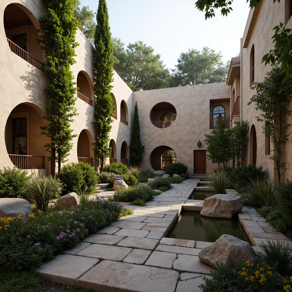 Prompt: Secluded monastery courtyard, lush greenery walls, vines crawling up stone fa\u00e7ades, tranquil water features, natural rock formations, rustic wooden doors, stained glass windows, earthy tone brick buildings, minimalist postmodern architecture, curved lines, irregular shapes, organic forms, subtle lighting effects, warm beige stucco textures, weathered copper accents, misty morning atmosphere, soft diffused lighting, shallow depth of field, 2/3 composition, intimate candid shot, realistic stone patterns, ambient occlusion.Let me know if this meets your requirements!