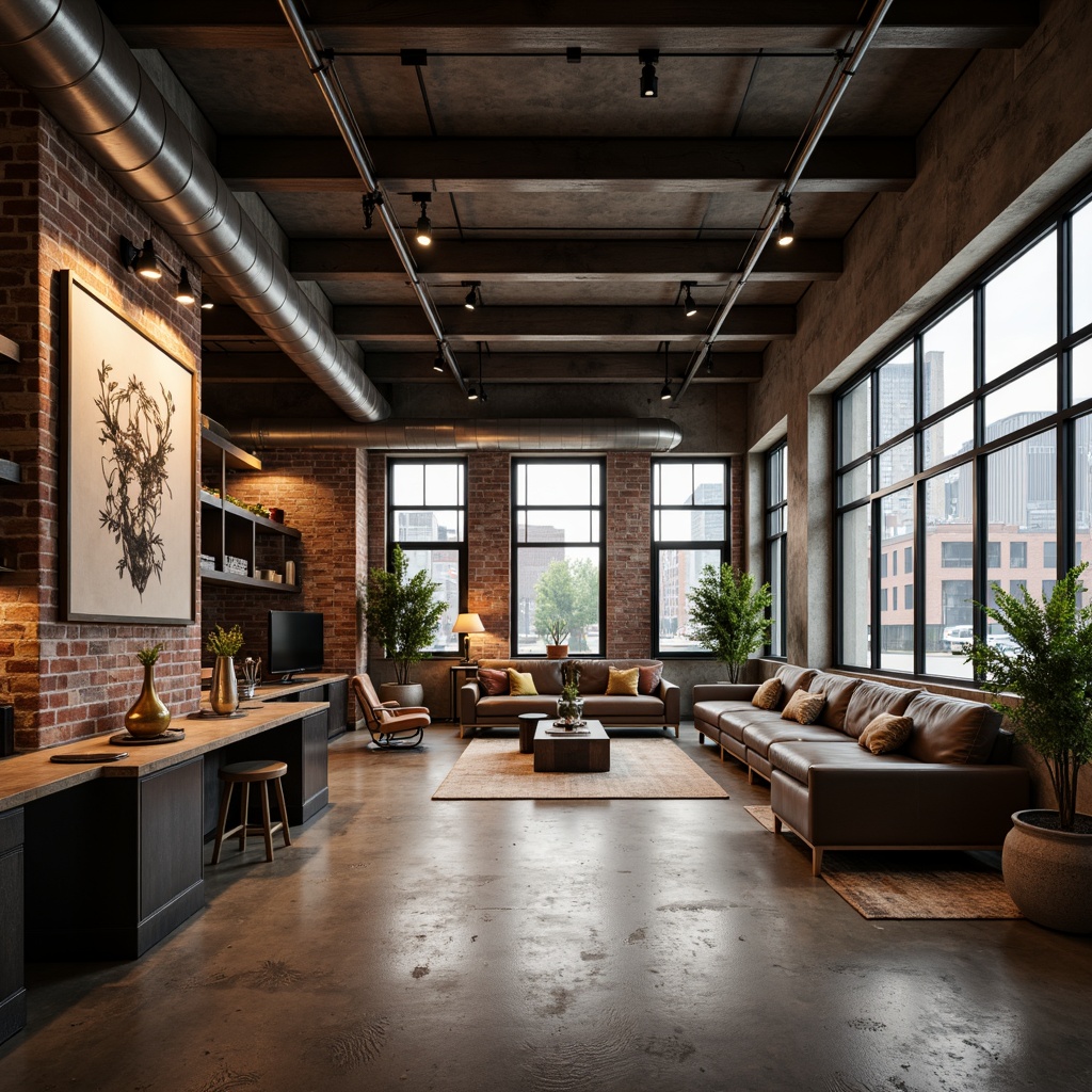 Prompt: Luxurious modern interior, metallic finishes, sleek lines, polished chrome accents, reflective surfaces, industrial chic aesthetic, urban loft atmosphere, reclaimed wood flooring, exposed brick walls, floor-to-ceiling windows, minimal ornamentation, subtle color palette, ambient warm lighting, 1/1 composition, high-contrast ratios, cinematic depth of field.