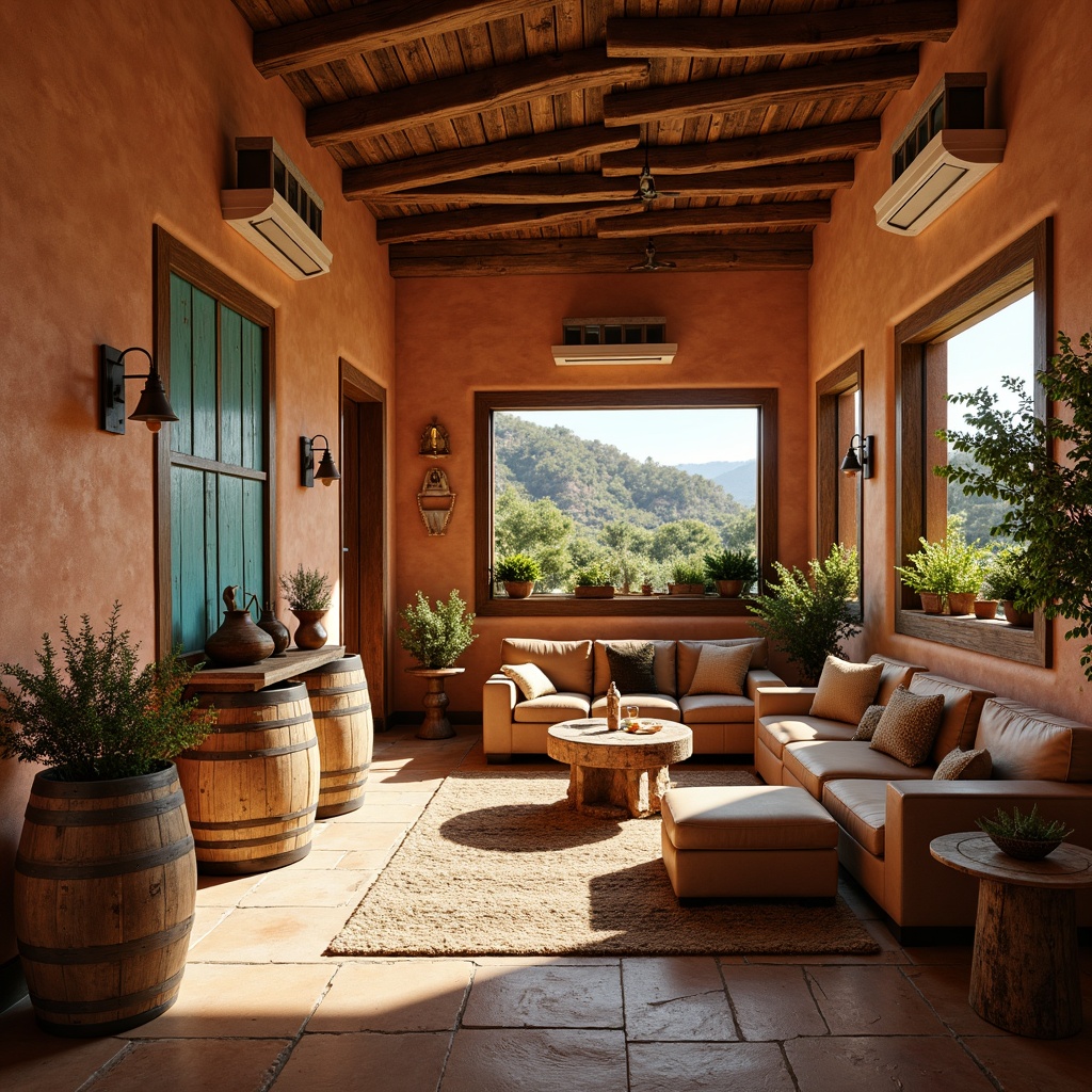 Prompt: Earthy winery interior, southwestern flair, warm terracotta walls, rustic wooden accents, vintage wine barrels, distressed leather furniture, rich turquoise hues, soft sandy beiges, warm golden lighting, natural stone flooring, woven textiles, tribal-inspired patterns, earthy ceramics, aged metalware, lush greenery, sun-drenched windows, 1/1 composition, shallow depth of field, soft warm glow.