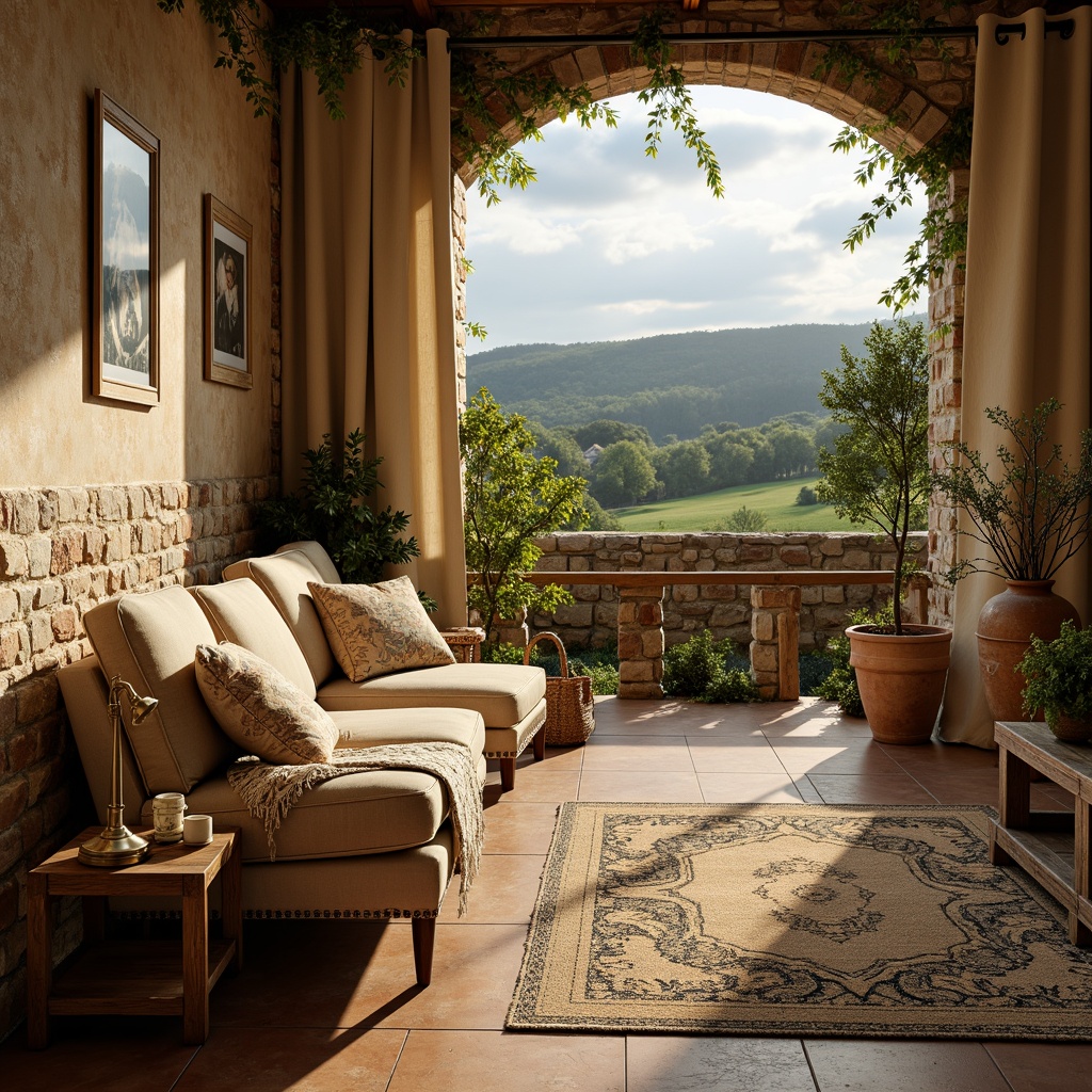 Prompt: Rustic stone walls, distressed wood furniture, soft golden lighting, warm beige fabrics, vintage floral patterns, elegant velvet textures, lace trim details, subtle linen embroidery, natural jute rugs, earthy terracotta pots, antique bronze hardware, charming countryside views, lush greenery surroundings, cloudy blue skies, warm afternoon sunbeams, 1/1 composition, realistic fabric simulations, ambient occlusion.