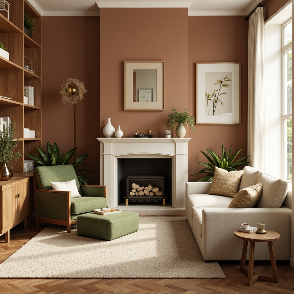 Prompt: Cozy living room, earthy tone walls, creamy white furniture, rich walnut wood accents, plush green velvet armchair, soft golden lighting, warm beige carpet, natural stone fireplace, modern minimalist decor, 1/1 composition, intimate atmosphere, warm color harmony, subtle texture contrast.