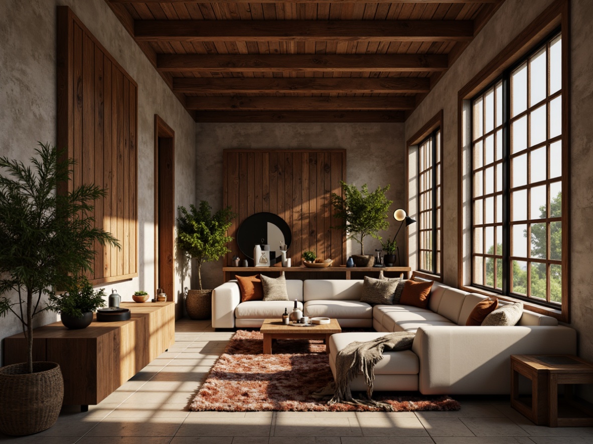 Prompt: Luxurious interior space, richly textured finishes, velvety soft fabrics, reclaimed wood accents, distressed metal details, natural stone walls, earthy tone color palette, warm ambient lighting, shallow depth of field, 1/1 composition, realistic renderings, detailed normal maps.