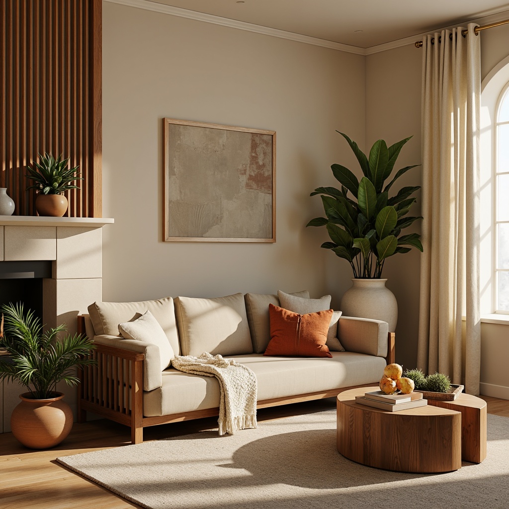 Prompt: Cozy living room, warm beige walls, rich walnut furniture, soft velvet upholstery, natural linen drapes, earthy terracotta pots, vibrant greenery, creamy white accents, golden brass hardware, warm ambient lighting, shallow depth of field, 2/3 composition, realistic textures, subtle color gradations.