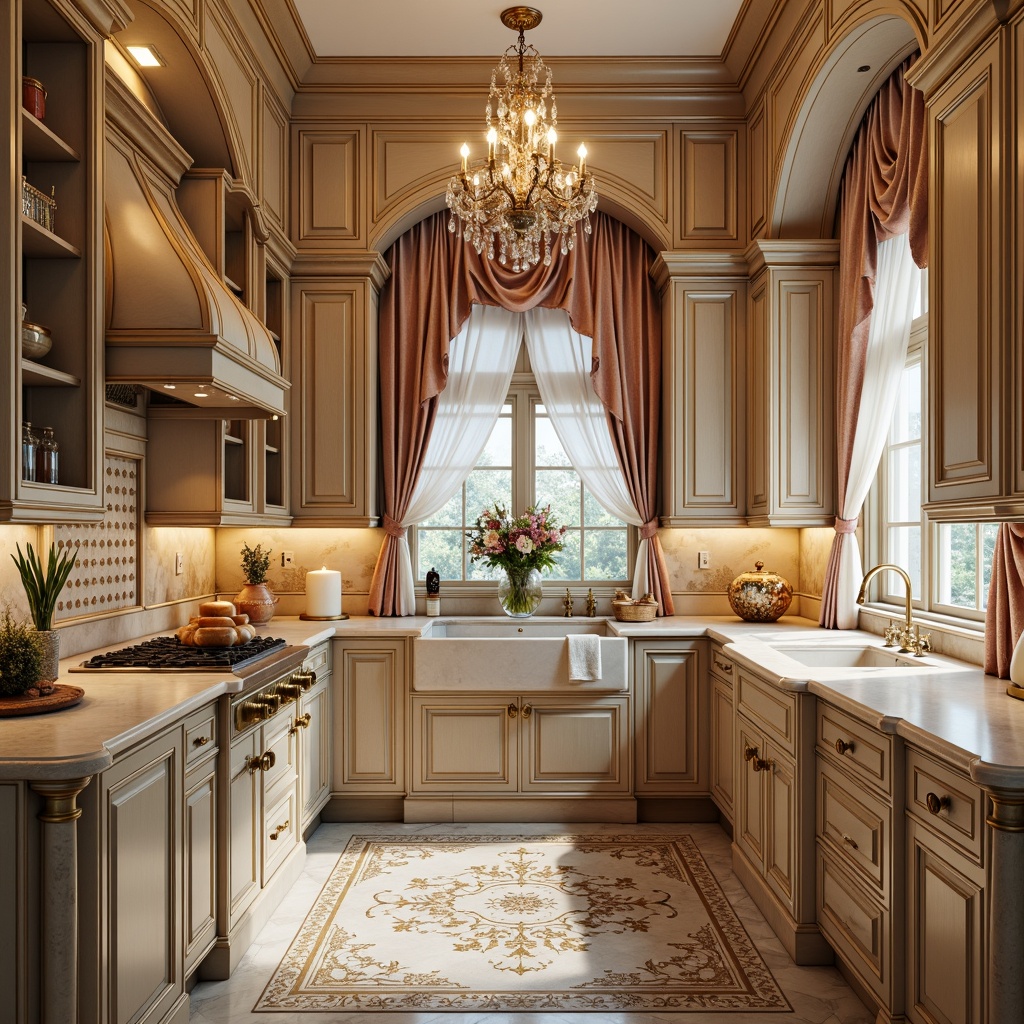 Prompt: Ornate pantry, gilded accents, curved lines, soft pastel hues, intricately carved wooden cabinets, ornamental metal hardware, velvet upholstery, crystal chandeliers, marble countertops, intricate inlays, golden filigree, distressed finishes, luxurious fabrics, subtle sheen, warm ambient lighting, shallow depth of field, 1/1 composition, realistic textures, ambient occlusion.