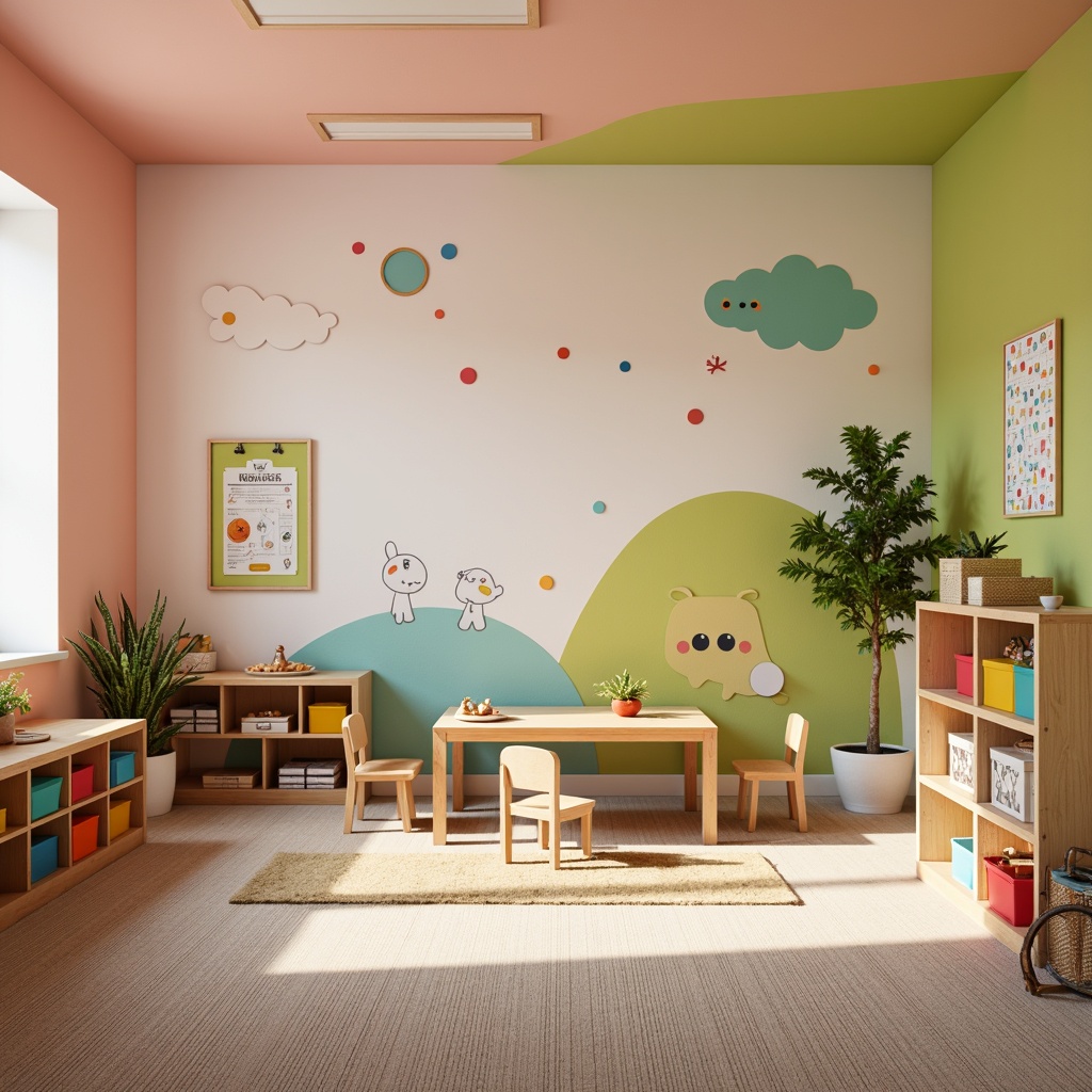 Prompt: Vibrant kindergarten, soft pastel colors, gentle curves, playful shapes, whimsical illustrations, educational wall decorations, colorful storage bins, wooden tables, tiny chairs, cozy reading nooks, natural fiber carpets, warm lighting, shallow depth of field, 1/1 composition, realistic textures, ambient occlusion.