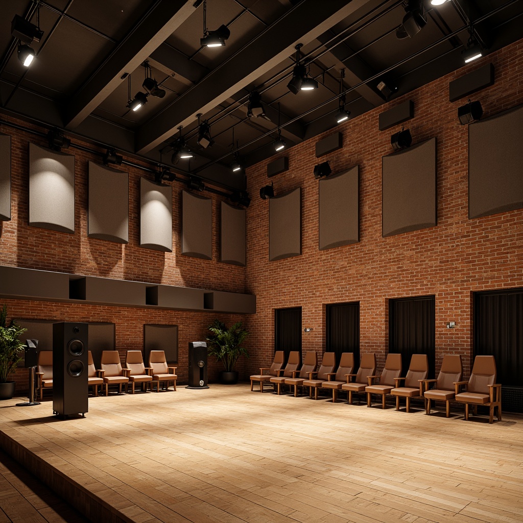 Prompt: Rustic auditorium interior, exposed brick walls, metal beam ceiling, reclaimed wood flooring, industrial-style lighting fixtures, suspended sound absorption panels, curved acoustic diffusers, premium audio equipment, sleek black speakers, minimalist stage design, urban loft atmosphere, warm color tones, spotlights on catwalks, 1/2 composition, shallow depth of field, softbox lighting, realistic textures, ambient occlusion.