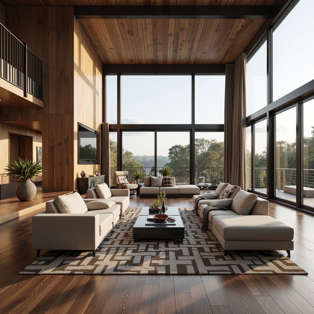 Prompt: Spacious great room, modern minimalist style, high ceiling, large windows, sliding glass doors, sleek wooden floors, comfortable plush sofas, geometric patterned rugs, floor-to-ceiling curtains, ambient warm lighting, soft natural textures, 1/1 composition, shallow depth of field, realistic rendering, atmospheric perspective.