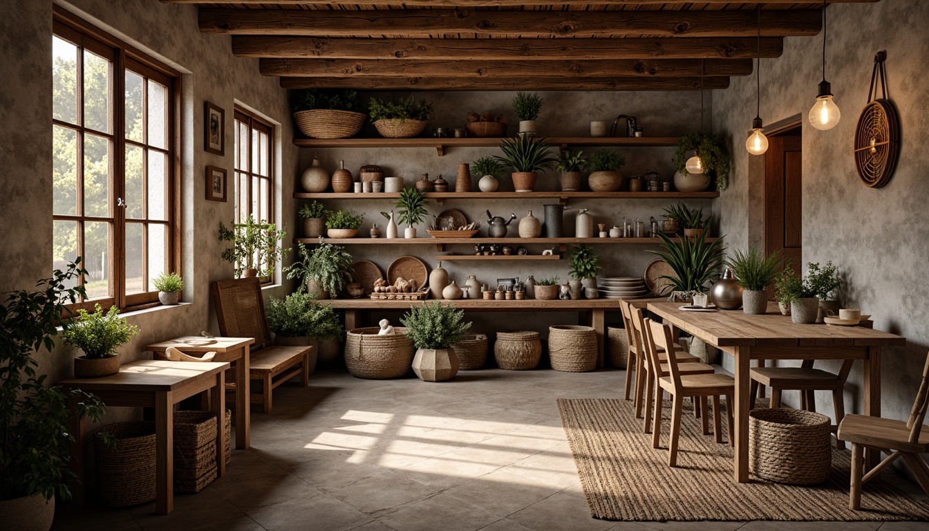 Prompt: Rustic craft room, wooden shelves, distressed finishes, vintage decor, earthy tones, natural textures, woven baskets, rattan furniture, reclaimed wood accents, metal lanterns, Edison bulbs, stone walls, exposed beams, cozy nooks, soft warm lighting, 1/1 composition, shallow depth of field, realistic wood grains, ambient occlusion.