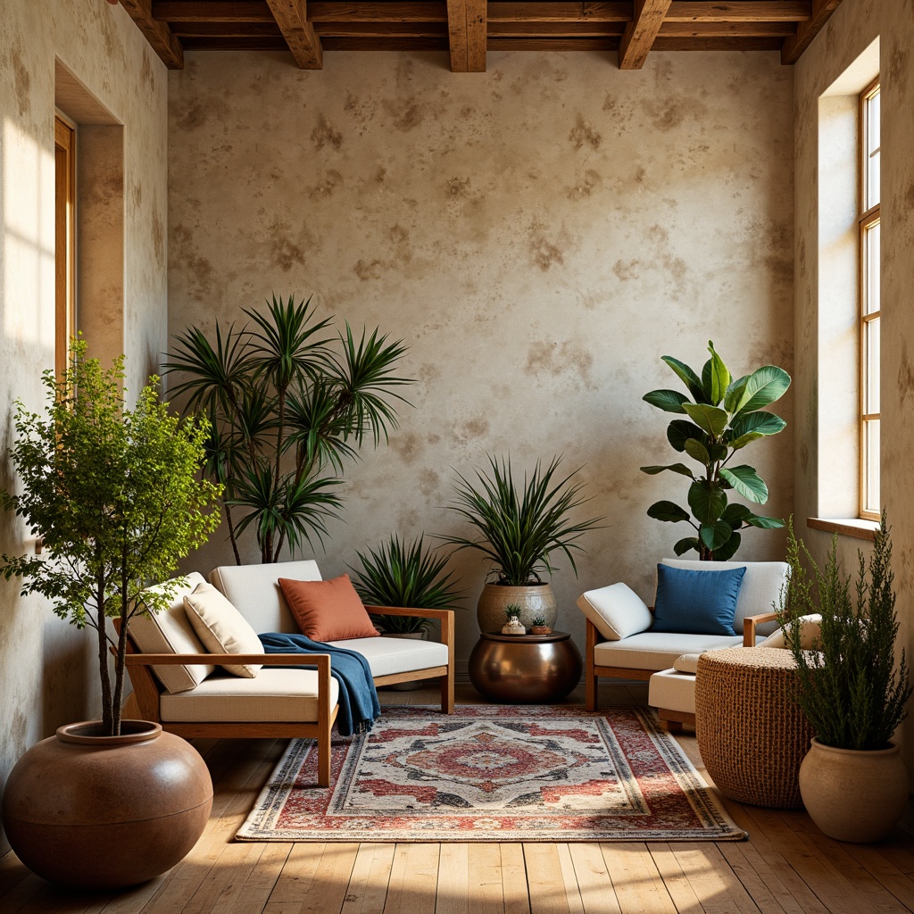 Prompt: Richly textured walls, warm beige tones, soft creamy whites, deep blues and greens, metallic accents, natural wood furniture, earthy terracotta pots, lush greenery, organic shapes, bohemian vibes, eclectic decor, vintage rugs, distressed finishes, warm golden lighting, shallow depth of field, 3/4 composition, realistic textures, ambient occlusion.