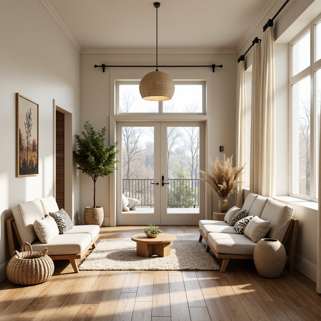 Prompt: Cozy Scandinavian-style hall, natural wood flooring, creamy white walls, minimalist decor, statement lighting fixtures, woven textiles, plush area rugs, comfortable sofas, Nordic-inspired patterns, nature-inspired artwork, floor-to-ceiling windows, soft diffused light, subtle shadows, 1/1 composition, shallow depth of field, warm color palette, organic shapes, earthy tones, botanical elements, vintage decorative accents.