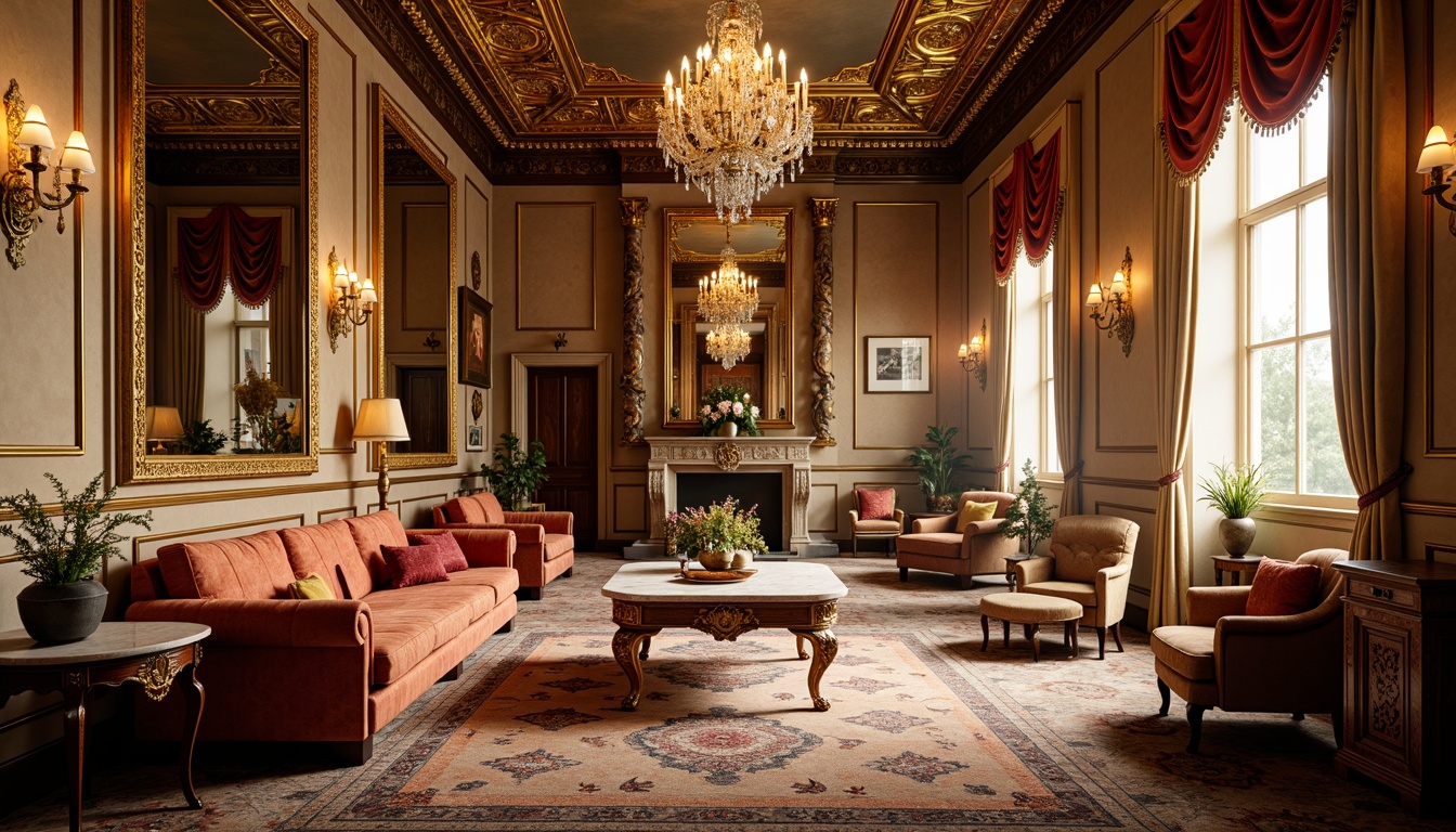 Prompt: Ornate gold leaf frames, rich velvet upholstery, carved wooden legs, intricately patterned rugs, majestic crystal chandeliers, lavish marble tables, ornamental mirrors, gilded accents, luxurious silk fabrics, grandiose proportions, classical architectural details, warm golden lighting, shallow depth of field, 1/1 composition, realistic textures, ambient occlusion.