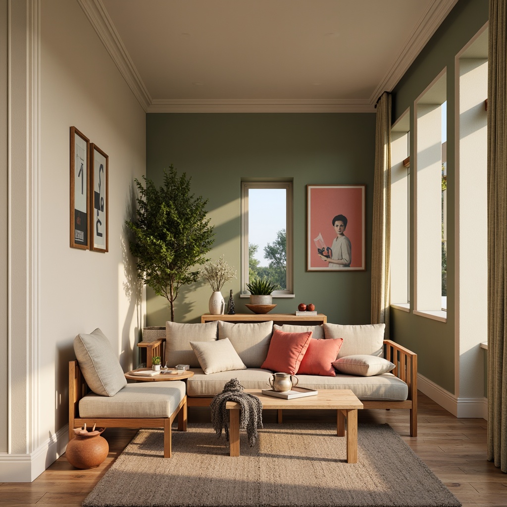 Prompt: Neutral beige walls, warm wooden furniture, soft sage green accents, creamy white trim, rich charcoal grey undertones, natural linen upholstery, earthy terracotta pottery, vibrant coral pink pops, calming blue-grey skies, warm golden lighting, shallow depth of field, 1/1 composition, realistic textures, ambient occlusion.