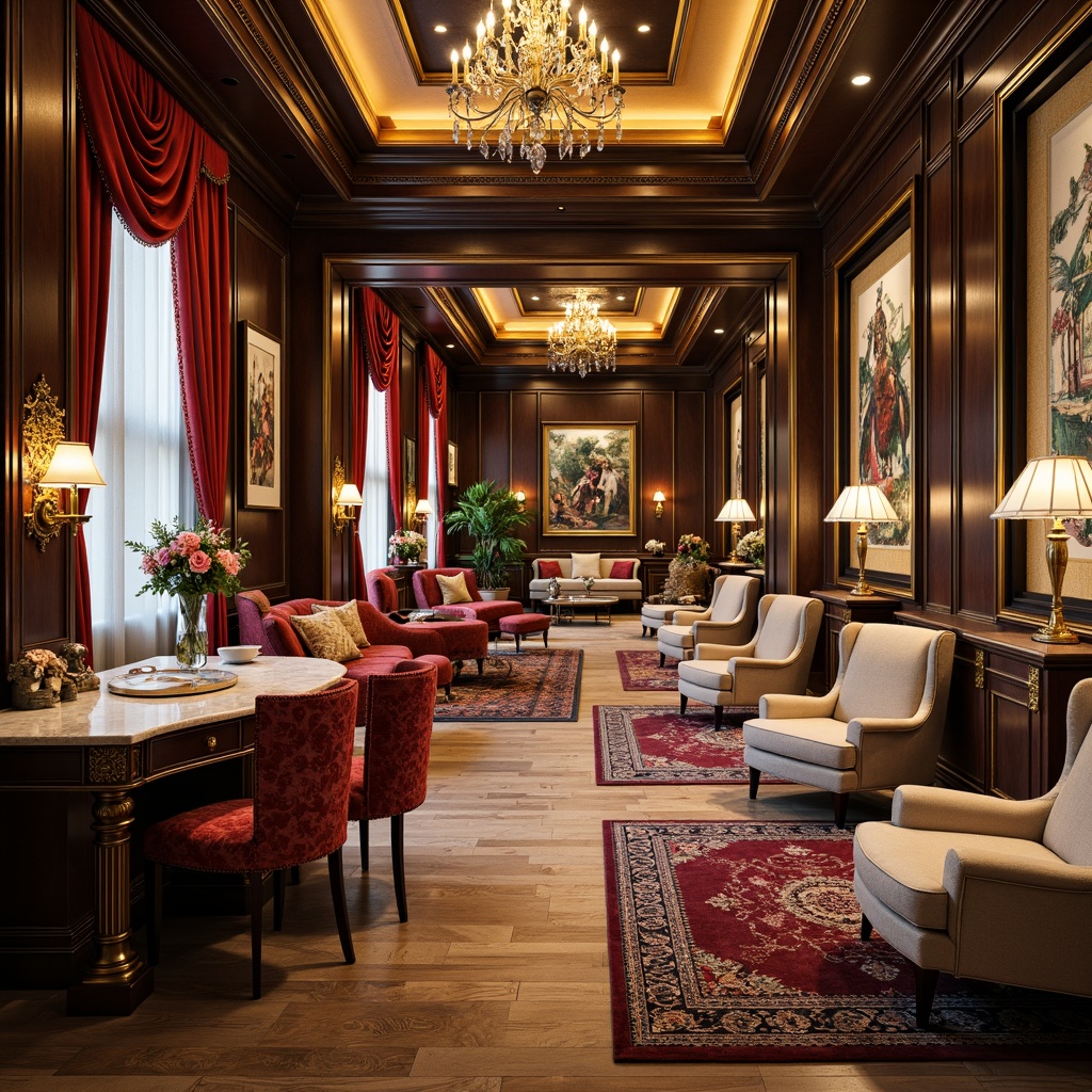 Prompt: Luxurious interior space, ornate furnishings, lavish fabrics, intricate carvings, gilded accents, crystal chandeliers, marble countertops, polished wooden floors, velvet drapes, golden lighting fixtures, plush area rugs, statement walls, bold color schemes, eclectic artwork, sculptural decorative pieces, luxurious textiles, metallic finishes, opulent atmosphere, shallow depth of field, 1/1 composition, soft warm lighting, realistic textures.