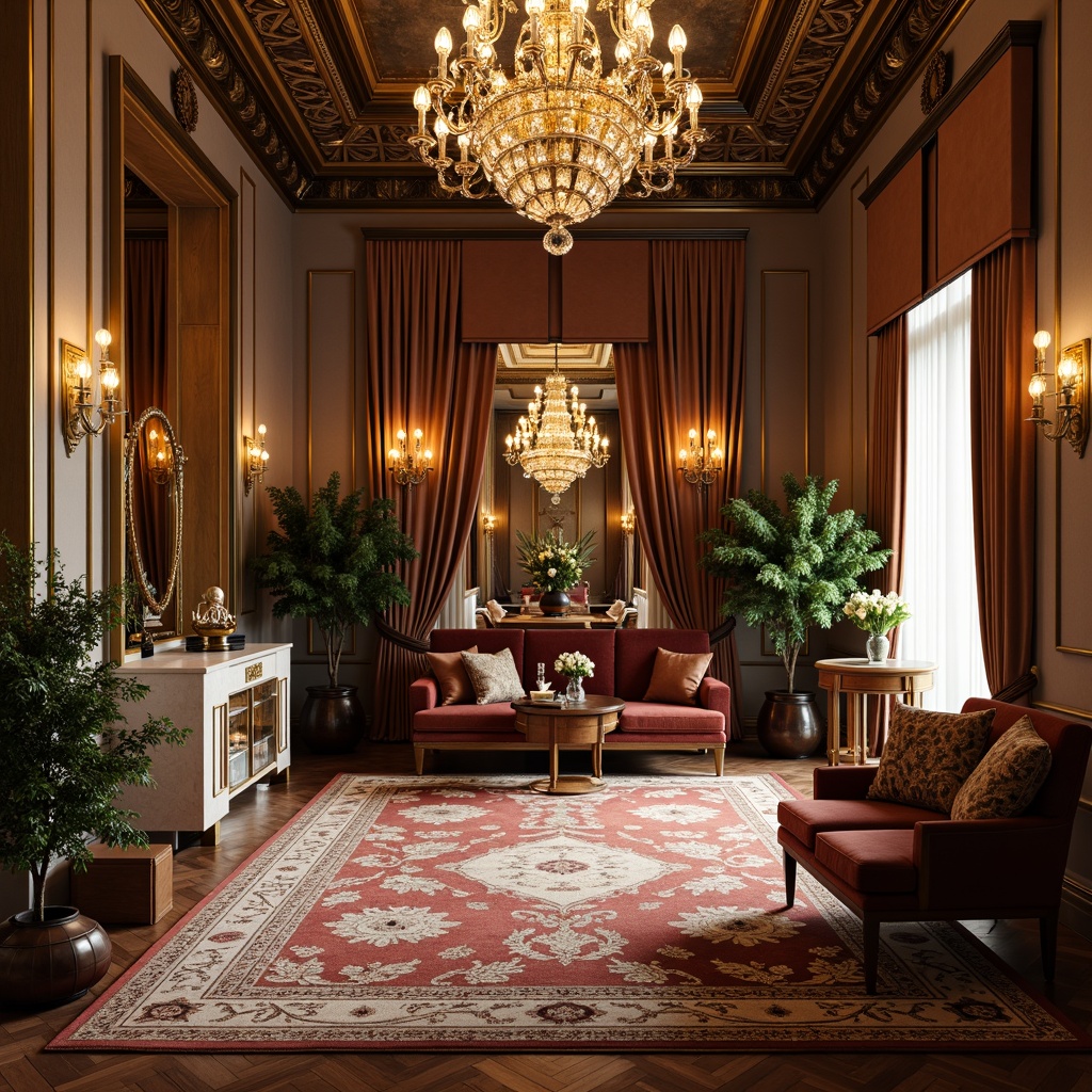 Prompt: Luxurious interior space, ornate chandeliers, intricately patterned rugs, velvet sofas, golden accents, marble countertops, decorative mirrors, elegant drapery, lavish furnishings, sophisticated color palette, ambient soft lighting, shallow depth of field, 1/1 composition, realistic textures, detailed ornamentation, ornamental plants, artistic centerpieces.