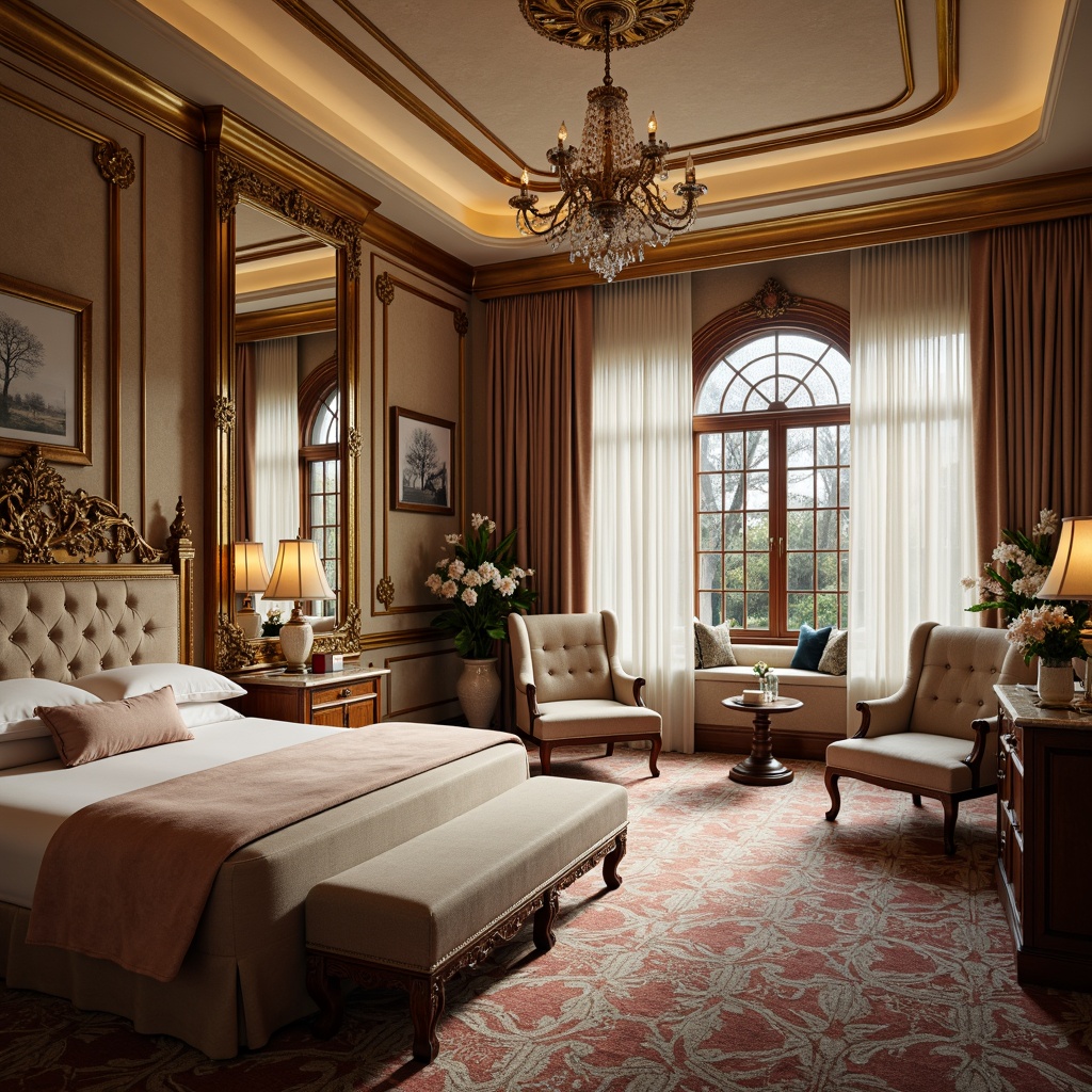 Prompt: Luxurious dormitory, ornate furnishings, gilded frames, intricate carvings, velvet drapes, plush carpets, soft warm lighting, delicate florals, pastel hues, curved lines, Rococo-inspired accents, lavish textiles, tufted upholstery, carved wooden paneling, grandiose chandeliers, crystal prisms, lavish bedding, decorative mirrors, intimate reading nooks, cozy window seats, 3/4 composition, shallow depth of field, soft focus, warm color palette.