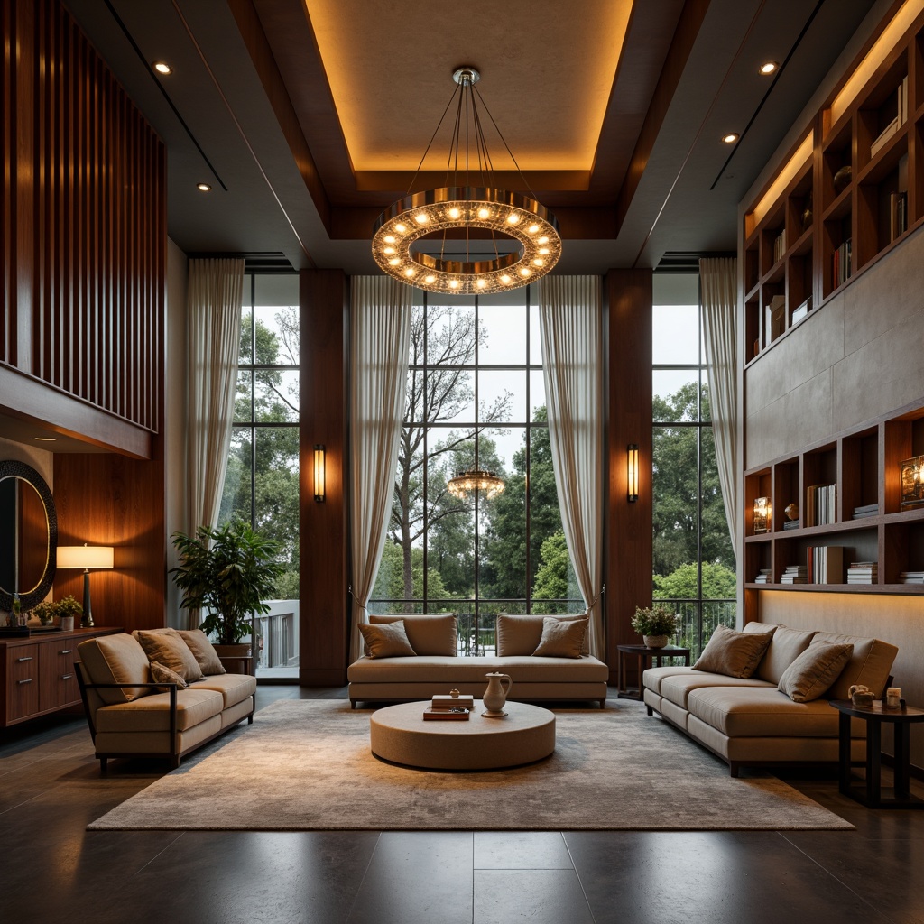 Prompt: Elegant modern interior, sophisticated chandelier, warm ambient glow, recessed ceiling lights, sleek pendant lamps, metallic finishes, soft warm tones, cozy reading nook, floor-to-ceiling windows, natural daylight, subtle shadows, dramatic accent lighting, LED strips, minimalist design, luxurious textures, polished chrome details, refined architectural elements.