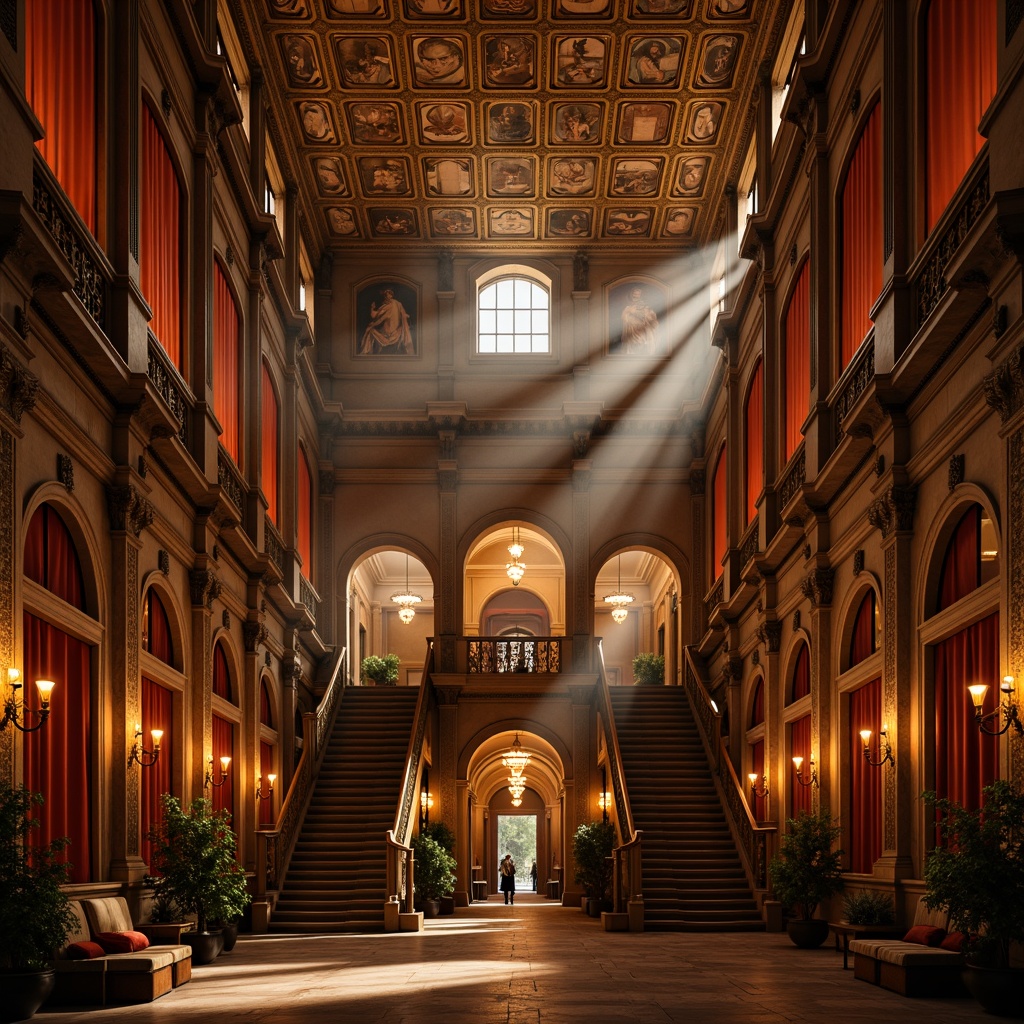 Prompt: Warm golden lighting, ornate chandeliers, soft candlelight, rich wood tones, luxurious velvet drapes, intricate stone carvings, grand staircases, high ceilings, ornamental frescoes, lavish furnishings, classic Renaissance architecture, warm color palette, dramatic shadows, subtle ambient occlusion, 1/2 composition, low-key lighting, atmospheric fog, mysterious ambiance.