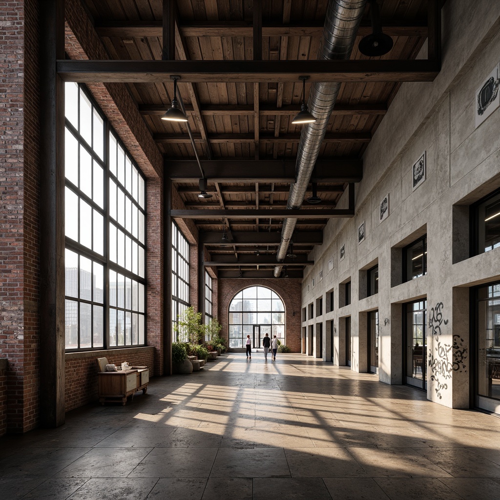 Prompt: Exposed brick walls, metal beams, reclaimed wood floors, industrial-style lighting fixtures, distressed concrete textures, urban cityscape views, functional factory windows, minimalist decorative elements, neutral color palette, modern industrial architecture, converted warehouse spaces, eclectic vintage decor, abstract graffiti art, edgy atmospheric lighting, high contrast composition, realistic metallic reflections.