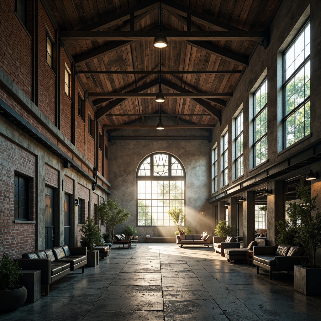 Prompt: Rustic industrial warehouse, exposed brick walls, metal beams, reclaimed wood accents, distressed textures, earthy tones, muted grays, blues, and greens, warm golden lighting, atmospheric fog, shallow depth of field, 3/4 composition, realistic metallic surfaces, ambient occlusion.