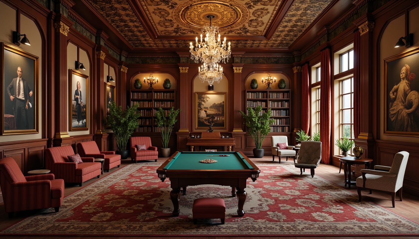 Prompt: Luxurious game room, ornate furniture, intricately carved wooden panels, velvet upholstery, gilded frames, crystal chandeliers, richly patterned rugs, neoclassical columns, archways, symmetrical layout, grand piano, leather-bound books, vintage globe, ornamental vases, soft warm lighting, 1/1 composition, shallow depth of field, realistic textures, ambient occlusion.