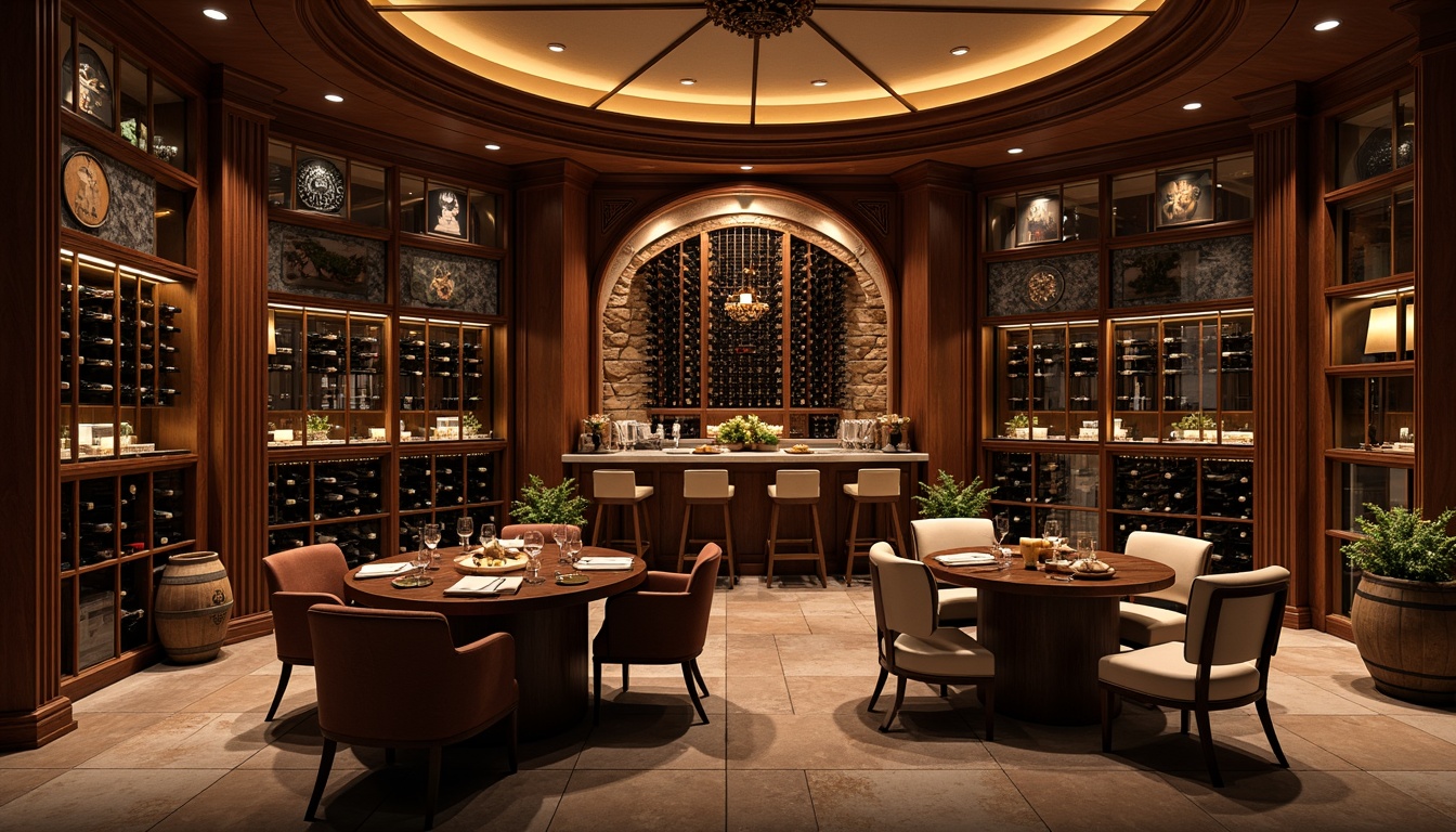 Prompt: Luxurious wine cellar, rich wood tones, dimmed warm lighting, wooden wine racks, glass-enclosed wine storage, leather-upholstered armchairs, dark-stained oak tables, ornate metalwork, rustic stone walls, ambient soft glow, cozy intimate atmosphere, elegant curved lines, premium materials, sophisticated color palette, functional shelving units, wine-tasting stations, vintage wine barrels, decorative grapevine patterns.