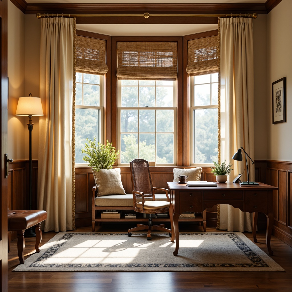 Prompt: Traditional home office, wooden desk, leather office chair, rich wood paneling, warm beige walls, soft cream curtains, flowing drapery, ornate golden rod, elegant tassel tiebacks, subtle patterned rug, comfortable reading nook, floor lamp, warm task lighting, natural fiber shades, woven bamboo blinds, classic window frames, double-hung windows, white plantation shutters, inviting ambiance, cozy atmosphere, soft focus, shallow depth of field.