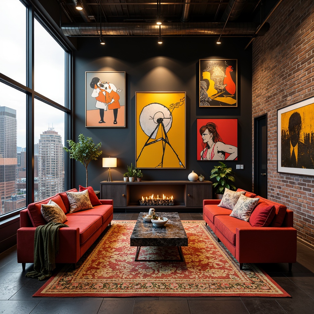 Prompt: Vibrant apartment interior, bold color palette, expressionist art pieces, eclectic furniture, abstract patterns, geometric shapes, rich textiles, luxurious fabrics, velvet sofas, marble coffee tables, industrial metal lighting, exposed brick walls, high ceilings, large windows, urban cityscape views, dramatic shadows, warm golden lighting, shallow depth of field, 1/2 composition, cinematic mood, atmospheric rendering, detailed normal maps.