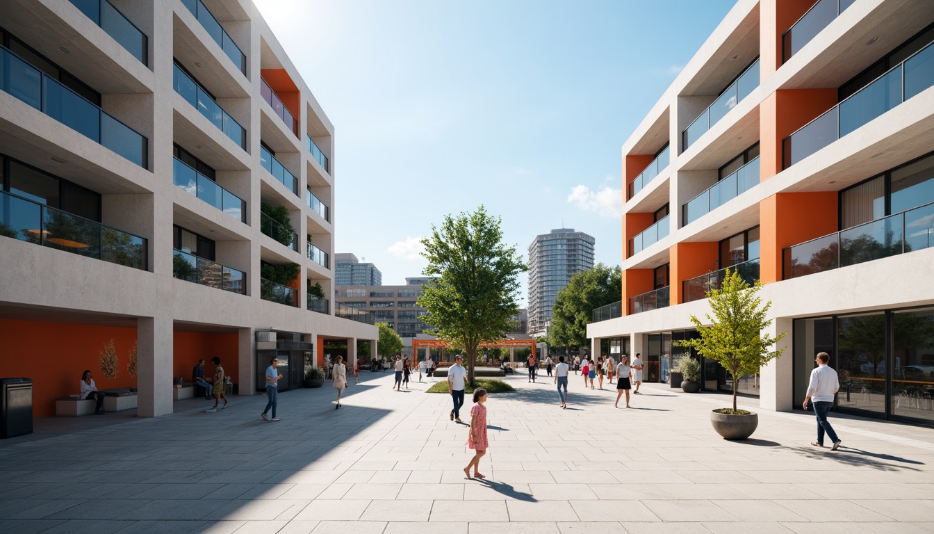 Prompt: Open-air plaza, minimalist aesthetic, clean lines, rectangular forms, primary color accents, industrial materials, exposed concrete, steel beams, functional simplicity, abundant natural light, airy atmosphere, modernist typography, geometric patterns, urban landscape, cityscape backdrop, sunny day, high contrast lighting, deep depth of field, 1/1 composition, symmetrical framing, architectural photography, realistic textures, ambient occlusion.