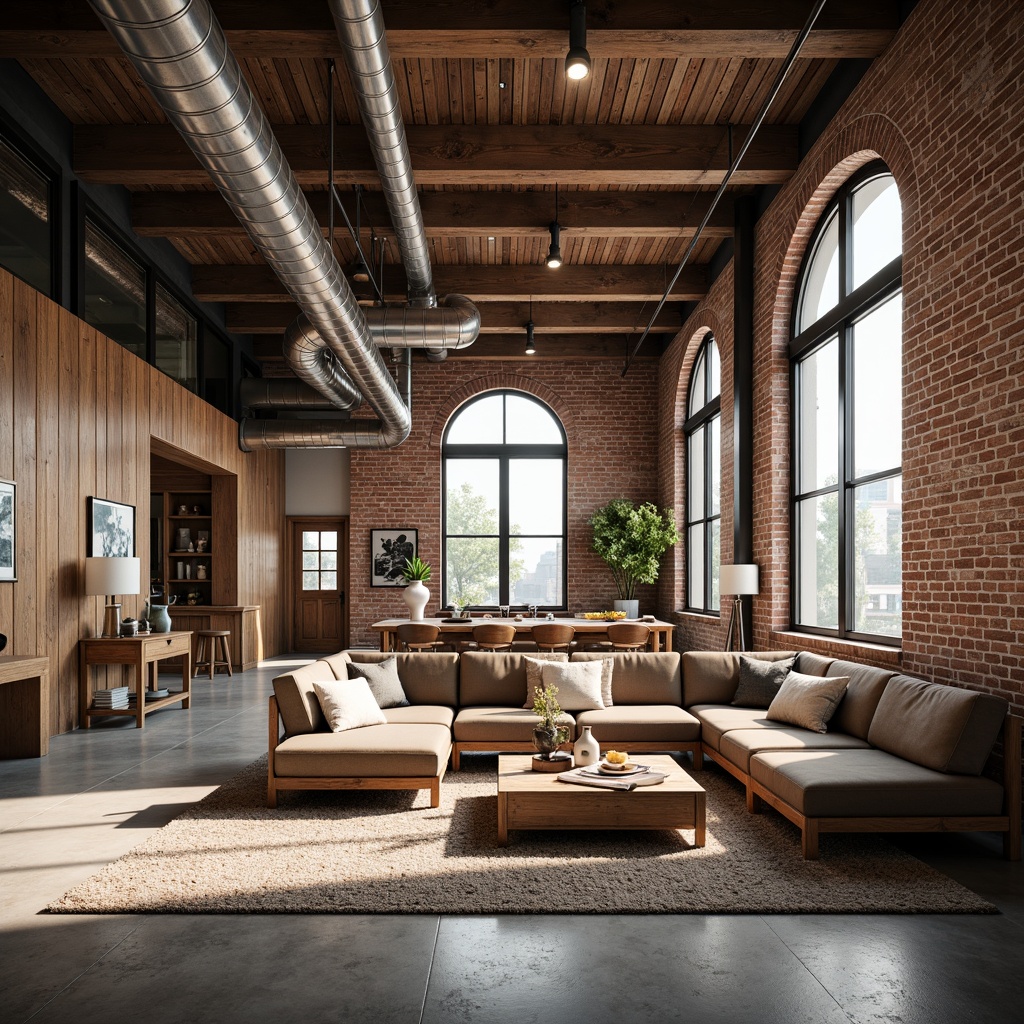 Prompt: Exposed ductwork, industrial chic, reclaimed wood accents, metal beams, brick walls, arched windows, high ceilings, open floor plan, minimalist decor, modern furniture, eclectic art pieces, urban loft atmosphere, natural light pouring in, soft warm lighting, shallow depth of field, 3/4 composition, realistic textures, ambient occlusion.