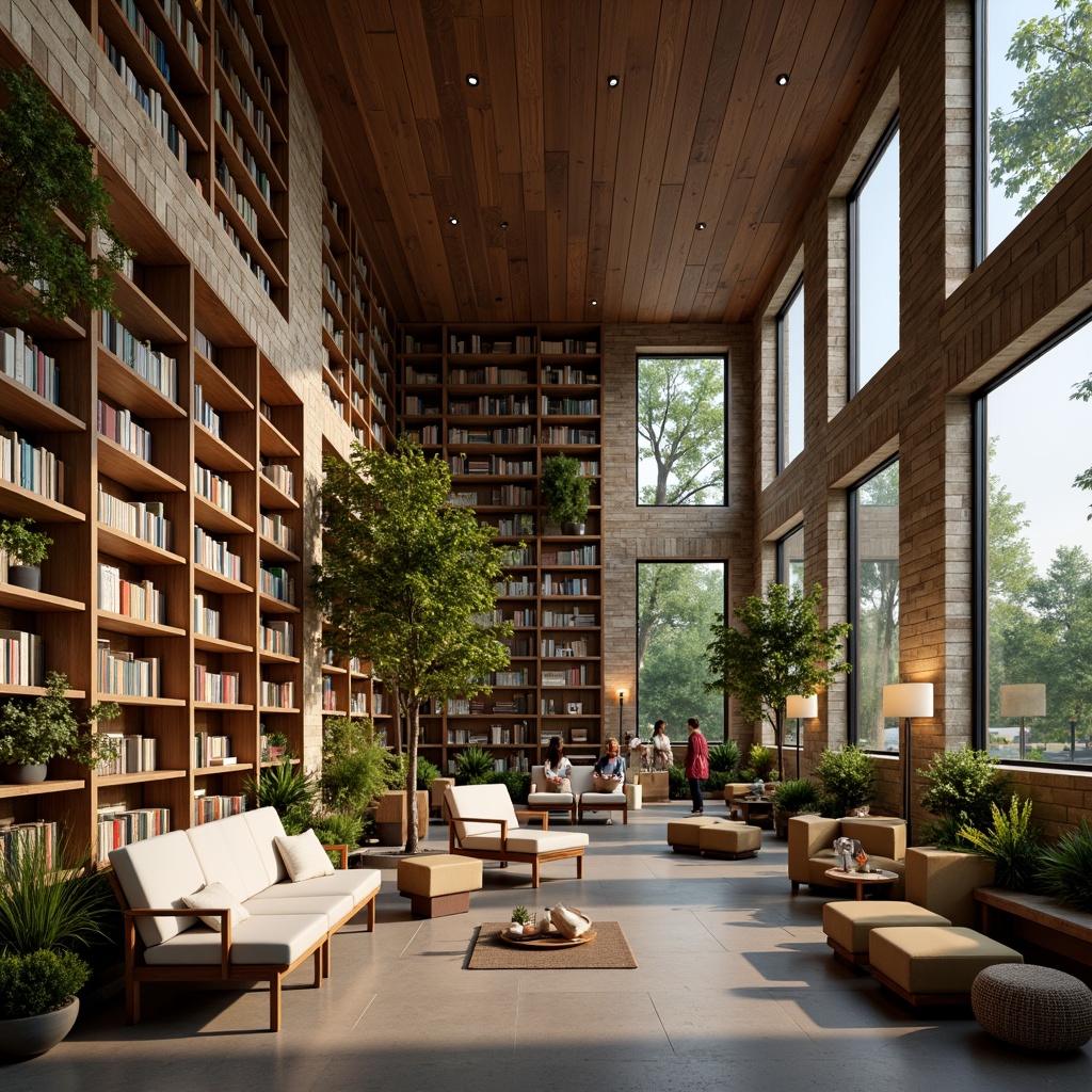 Prompt: Cozy library interior, natural stone walls, wooden bookshelves, warm lighting, comfortable seating areas, lush greenery, living walls, reclaimed wood accents, earthy color palette, organic textures, minimal ornamentation, functional layout, open reading spaces, floor-to-ceiling windows, abundant natural light, soft warm glow, 1/1 composition, realistic rendering, ambient occlusion.