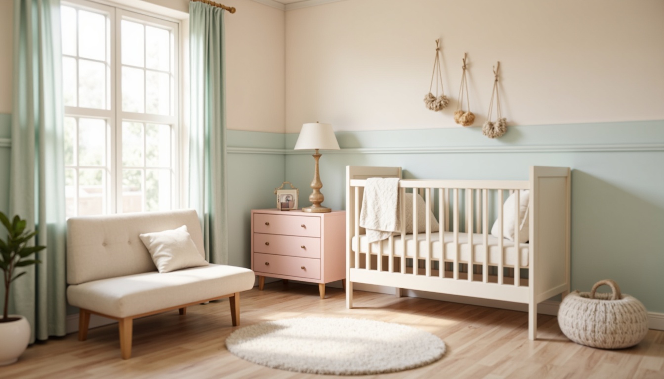 Prompt: Soft pastel hues, gentle nursery ambiance, calming beige walls, creamy white furniture, pale blue accents, tender pink undertones, warm natural wood tones, subtle texture patterns, cozy area rug, delicate mobiles, soothing candlelight, shallow depth of field, 1/1 composition, serene atmosphere, peaceful color harmony.