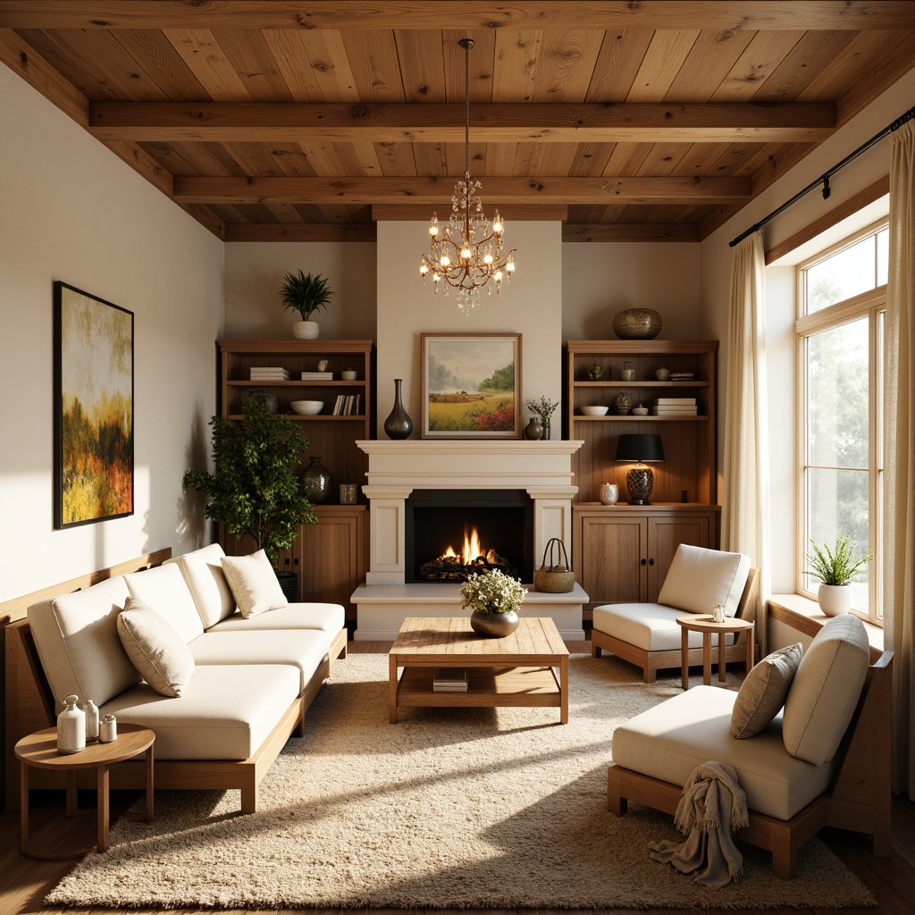 Prompt: Cozy living room, warm beige walls, soft cream furniture, rich wood accents, plush area rugs, comfortable seating, natural light pouring in, elegant chandeliers, subtle texture contrasts, calming atmosphere, 1/1 composition, shallow depth of field, warm golden lighting, realistic renderings.