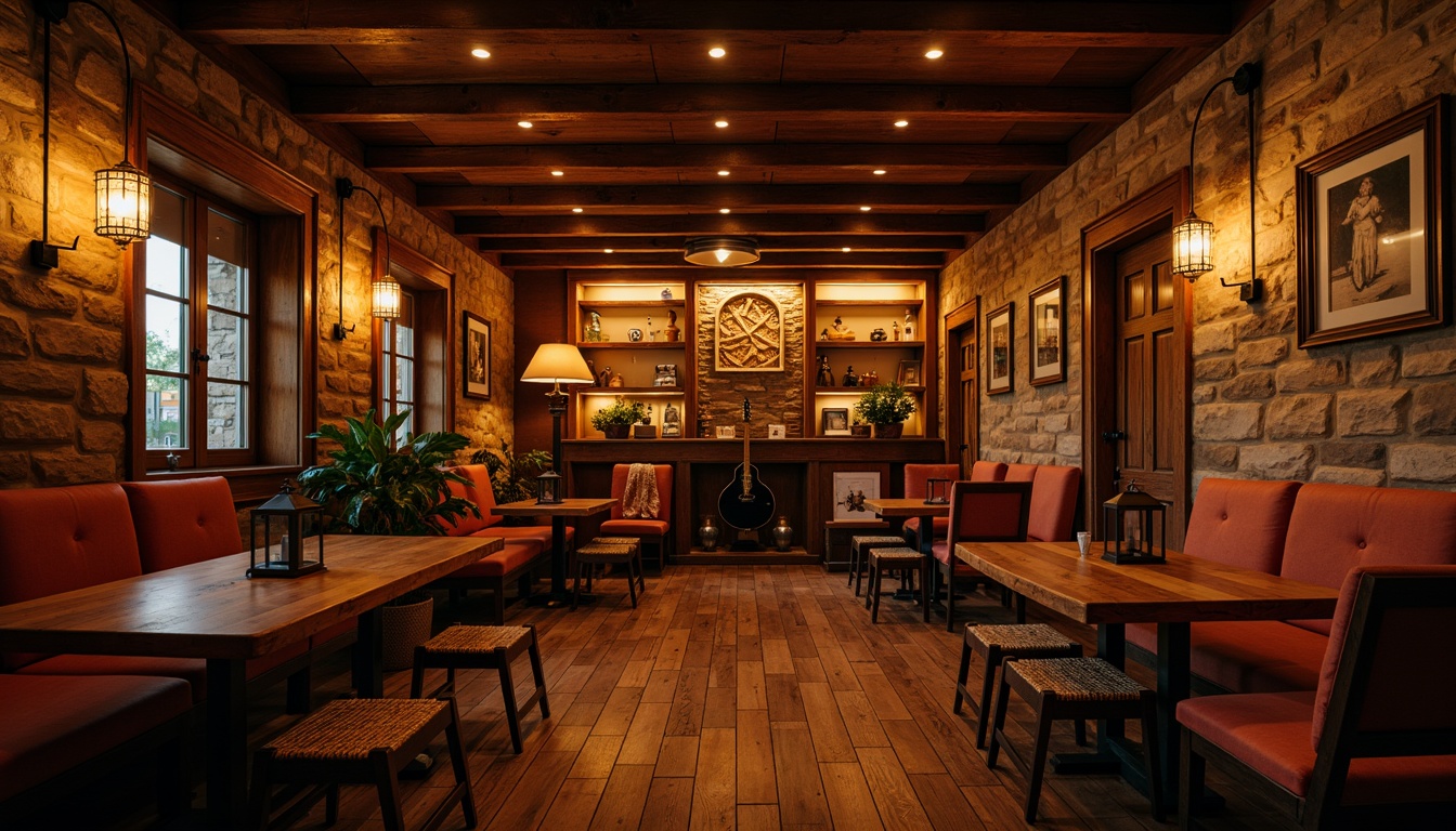 Prompt: Cozy music venue, rustic wooden interior, vintage musical instruments, dim warm lighting, intimate seating arrangement, wooden benches, plush couches, velvet armchairs, woven wicker furniture, earthy tone color scheme, natural stone walls, reclaimed wood accents, metal lanterns, soft candlelight, relaxed atmosphere, 1/2 composition, shallow depth of field, warm color palette.