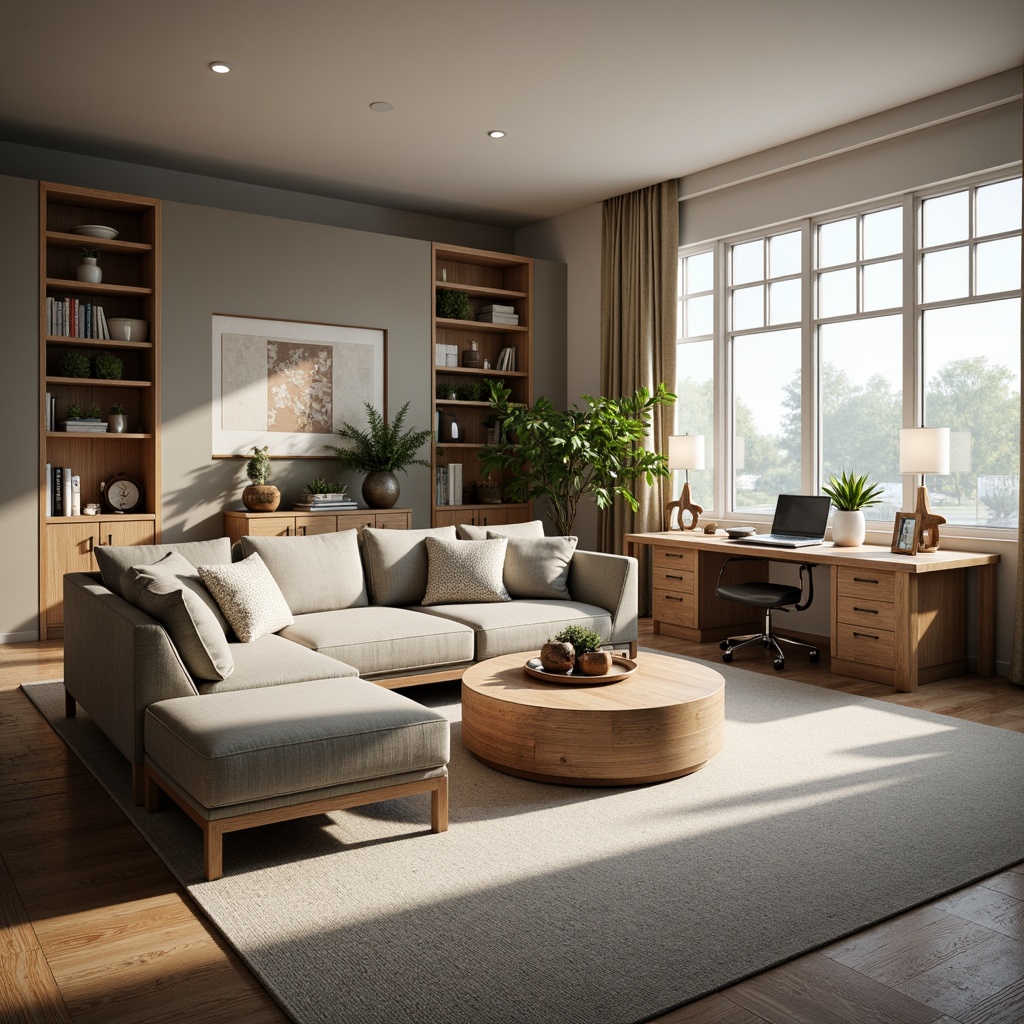 Prompt: Cozy living room, sectional sofas, wooden coffee tables, potted plants, floor lamps, minimalist decor, calm color palette, comfortable seating areas, functional storage units, ergonomic office chairs, spacious desks, organized shelving systems, soft carpet flooring, large windows, natural light pouring in, 1/1 composition, warm and inviting atmosphere, realistic textures, subtle ambient lighting.