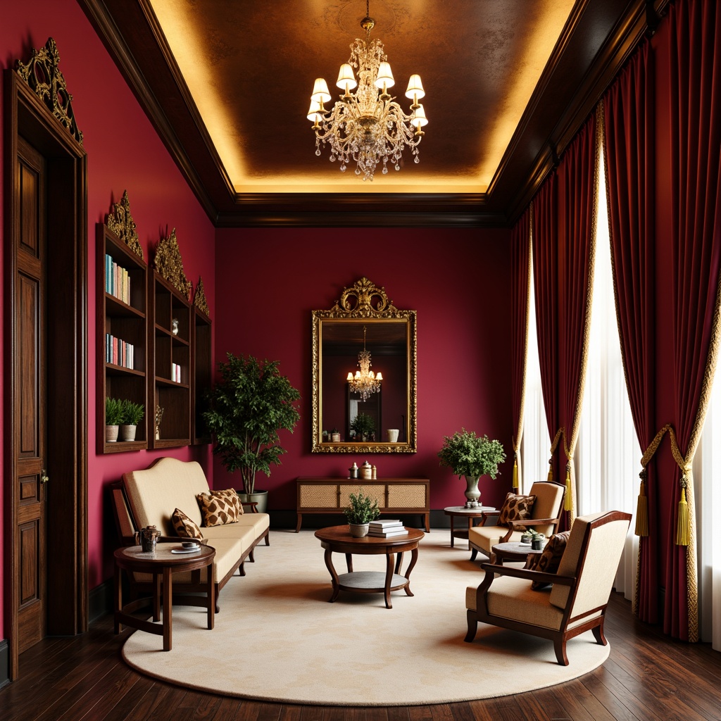 Prompt: Rich burgundy accent walls, luxurious velvet fabrics, warm golden lighting, ornate wooden furniture, elegant crystal chandeliers, soft beige carpeting, creamy marble countertops, sophisticated dark wood flooring, lavish curtains with gold tassels, cozy reading nooks, intimate ambiance, dramatic ceiling heights, opulent textures, 1/2 composition, warm color harmony, inviting atmosphere, soft focus, cinematic lighting.