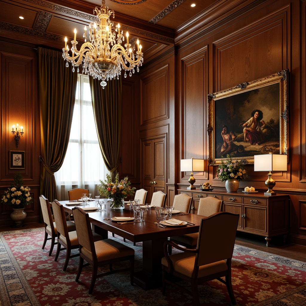 Prompt: Elegant dining room, rich wood tones, ornate furnishings, crystal chandeliers, luxurious velvet drapes, intricate carvings, gilded frames, classic artwork, sophisticated color palette, subtle texture contrasts, soft warm lighting, shallow depth of field, 3/4 composition, realistic reflections, ambient occlusion.