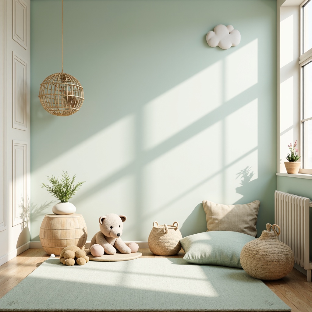 Prompt: Soft pastel hues, calming nursery atmosphere, creamy whites, pale blues, minty greens, warm beige accents, natural wood tones, gentle lighting, softbox shadows, 1/1 composition, shallow depth of field, serene ambiance, cozy textiles, plush toys, minimalist decor, delicate patterns, subtle contrast, soothing color harmony.