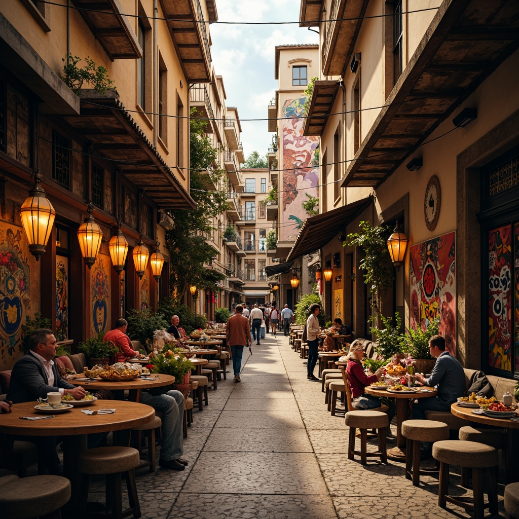 Prompt: Vibrant market scene, eclectic mix of cultures, bold street art, graffiti-covered walls, colorful lanterns, exotic fabrics, lively atmosphere, bustling streets, ornate architectural details, intricate tile work, distressed textures, warm golden lighting, shallow depth of field, 2/3 composition, cinematic view, realistic materials, ambient occlusion.