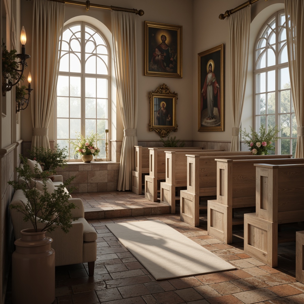 Prompt: Soft, calming atmosphere, distressed wooden pews, vintage religious icons, ornate golden accents, creamy whites, pale blues, mauve hues, warm beige tones, rustic stone walls, stained glass windows, delicate florals, lace trimmings, velvet drapes, rich tapestries, subtle lighting, warm candlelight, shallow depth of field, 1/2 composition, romantic focal point, dreamy textures, soft shadows.