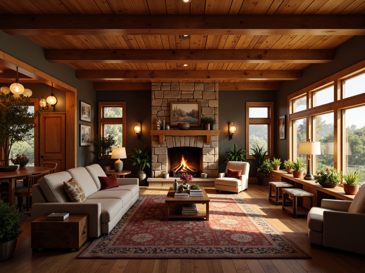 Prompt: Cozy Craftsman living room, warm wood tones, earthy color palette, rustic wooden beams, natural stone fireplace, comfortable plush furniture, vintage decorative items, soft warm lighting, table lamps, floor lamps, pendant lights, candles, lanterns, warm golden glow, ambient shadows, shallow depth of field, 1/1 composition, realistic textures, warm atmosphere.